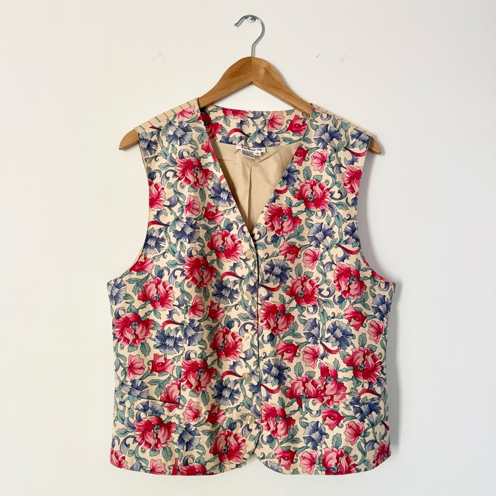 Talbots Vintage Silk Floral Button Front Vest Size 16